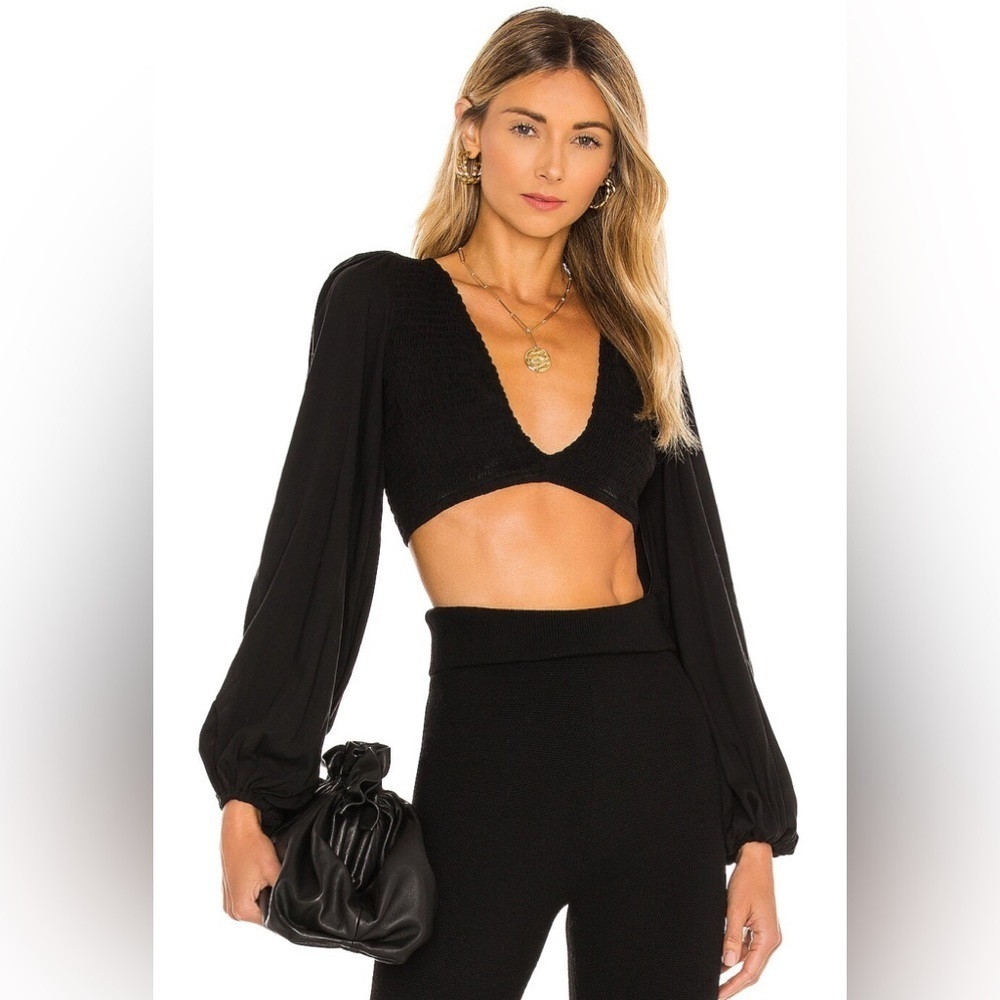 Indah Black Long-Sleeve Deep V Cropped Top